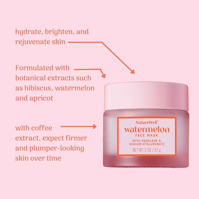 NATURE WELL Watermelon Face Mask, Enriched with Hydrating Watermelon Fruit Water & Plant-Derived Squalane, Promotes A Radiant & Moisturized Complexion, 2 Oz.