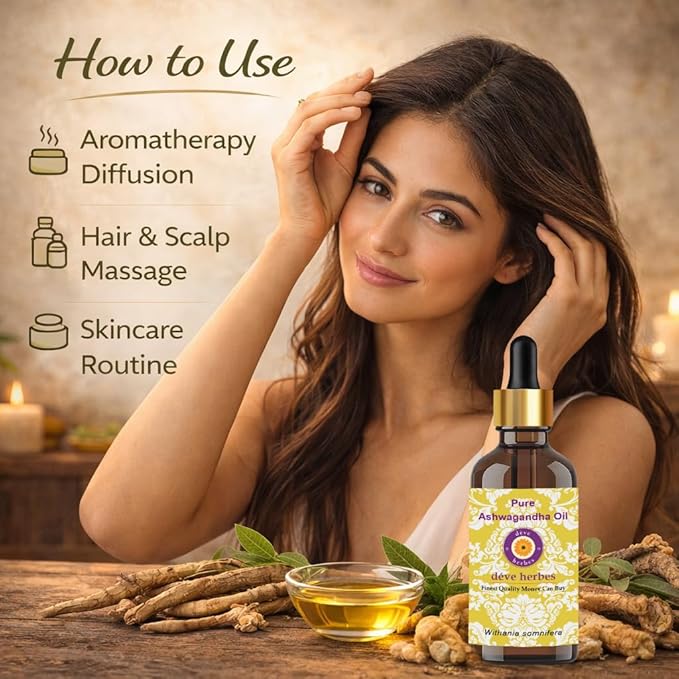 dève herbes Ashwagandha Oil (Withania somnifera) with Glass Dropper | Infused | Pure | Non-Sticky | Lightweight | for Facial Care | Men & Women | 30ml (1 oz)