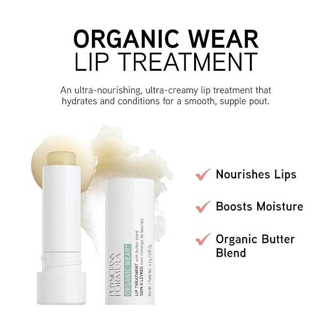 Physicians Formula Organic Wear Lip Balm Treatment, Ultra-Nourishing Shea Butter & Coconut Oil Infused, Hydrating & Conditioning for Smooth, Supple Lips, Cruelty Free (Pack of 2)