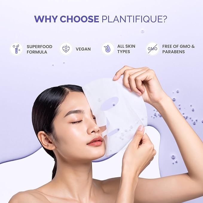 PLANTIFIQUE Korean Sheet Mask, 5 Pack - Anti-Aging & Firming Face Masks with Collagen, Coezyme Q10 & Hyaluronic Acid - Mascarillas Faciales