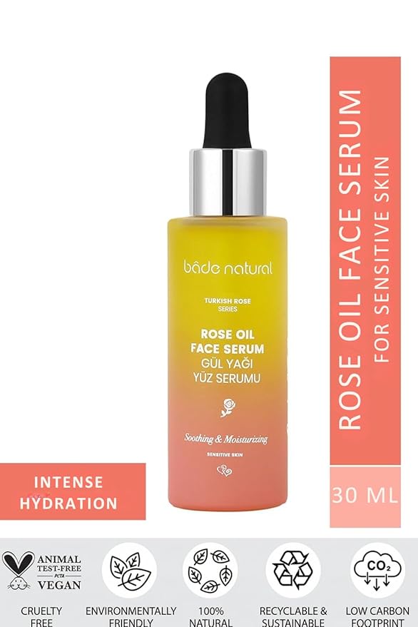 Bade Natural Rose Essential Oil Face Serum – Calming & Antioxidant Facial Oil with Jojoba & Vitamin E – Anti-Aging Moisturizer for Radiance & Skin Elasticity – 1 Fl Oz