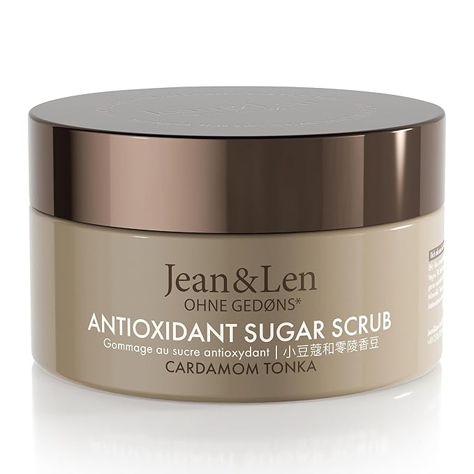 Jean & Len Antioxidant Sugar Scrub Cardamom & Tonka, for a fragrant cleansing experience, with rich oils, minimalistic jar, sugar scrub without parabens & silicones, 6.76 Fl. Oz.