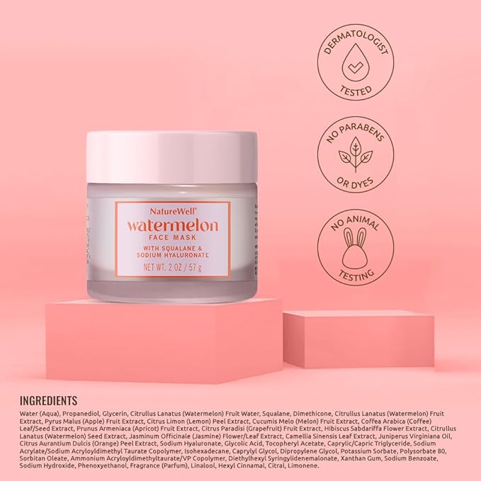 NATURE WELL Watermelon Face Mask, Enriched with Hydrating Watermelon Fruit Water & Plant-Derived Squalane, Promotes A Radiant & Moisturized Complexion, 2 Oz.