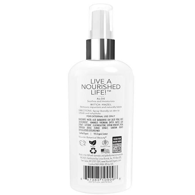 Nourish Organic Face Toner Spray – Alcohol-Free Formula with Witch Hazel, Aloe Vera & Moroccan Rose Flower Extract, 3 Oz + Washable Cotton Round
