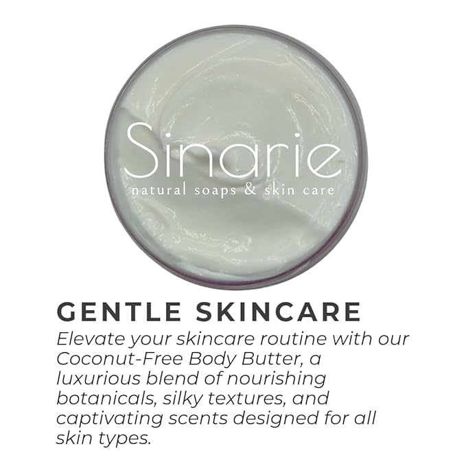 Sinarie Coconut-Free Body Butter | Luxurious Hydration with Shorea Butter, Evening Primrose Oil, Argan & Moringa Oil | Non-Greasy, Natural Ingredients | For Sensitive Skin (5.3 oz., Sophisticate)