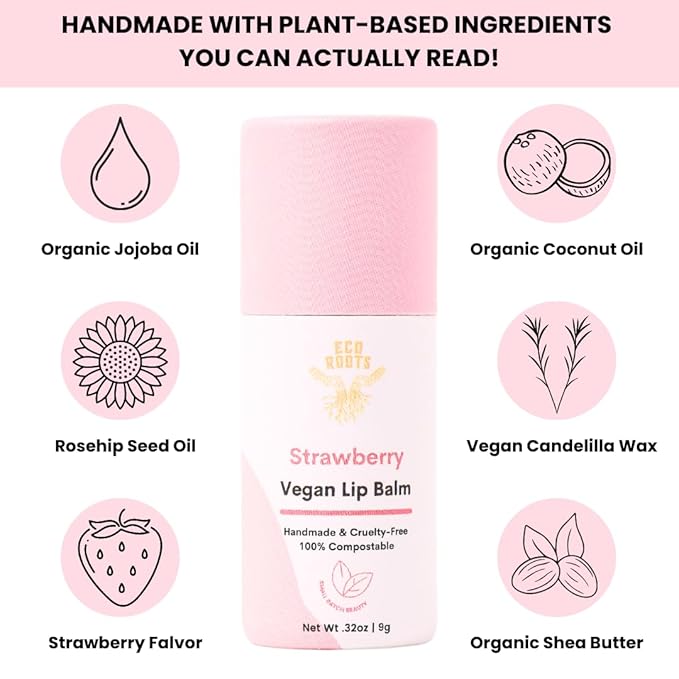 Strawberry Scented Lip Balm 2 Pack - Vegan and Organic Lip Moisturizer - Cruelty-Free, Eco-Friendly - Made in USA with Compostable Packaging - Artfully Crafted Lip Balm Set
