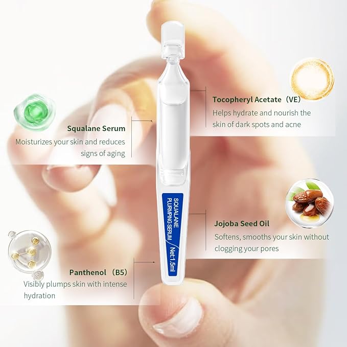 Squalane + Ceramide Face Serum with Vitamin E, Vitamin B5 and Vitamin A derivative, Deep Hydration & Skin Barrier Repair & Plump Skin, Lightweight Non-Greasy 15 Single-Use Ampoules