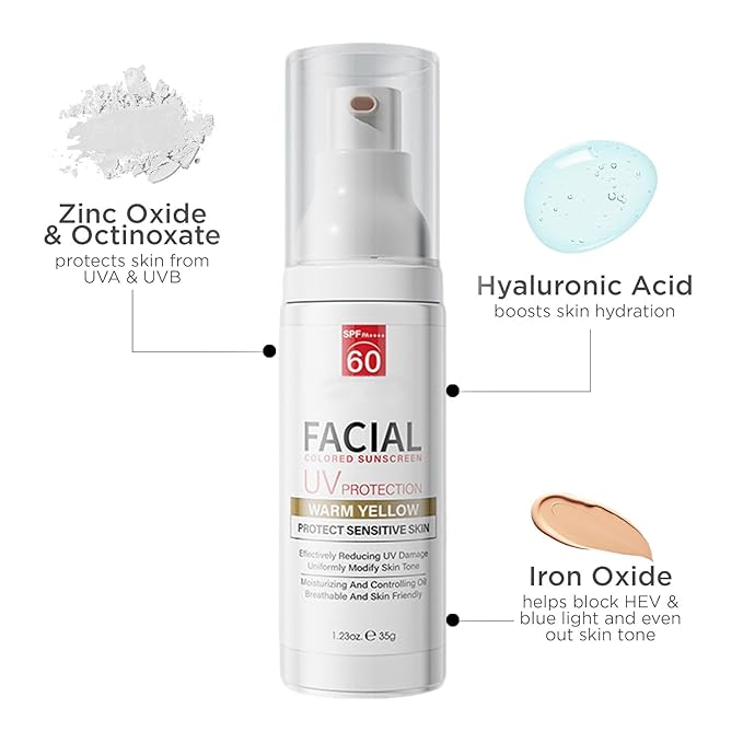 Tinted Mineral Face Sunscreen SPF 60, Tinted Moisturizer with SPF & Hyaluronic Acid, Mineral Sunscreen for Dry Sensitive Skin, Moisturizes and Protects, Ultra-Lightweight, Non-Greasy