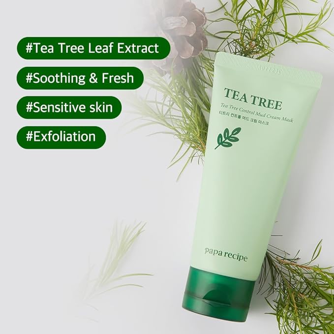 Papa Recipe Tea Tree Control Mud Cream Mask – Bentonite & Kaolin Clay Face Mask, Deep Pore Purifying & Soothing Care, Gentle Exfoliating Korean Mud Mask for Sensitive & Acne-Prone Skin