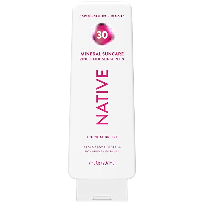 Native Mineral Sunscreen Lotion SPF 30, Tropical Breeze Scent, with 100% Mineral Zinc Oxide for Face & Body, Hawaii Compliant, Vegan, No White Cast - 7 oz
