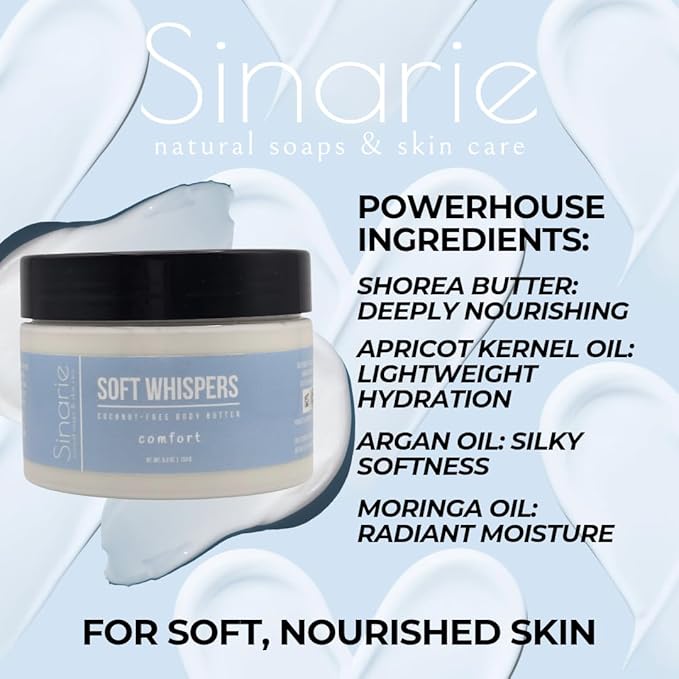 Sinarie Coconut-Free Body Butter | Luxurious Hydration with Shorea Butter, Evening Primrose Oil, Argan & Moringa Oil | Non-Greasy, Natural Ingredients | For Sensitive Skin (5.3 oz., Soft Whispers)
