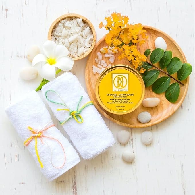 OMM Collection Solid Lotion Balm Natural Oils Mango, Shea, Cocoa coconut Butter-Rich Hydration-Heal & Sooth Rough, Dry, Irritated Skin-Jasmin Blanc (2oz)