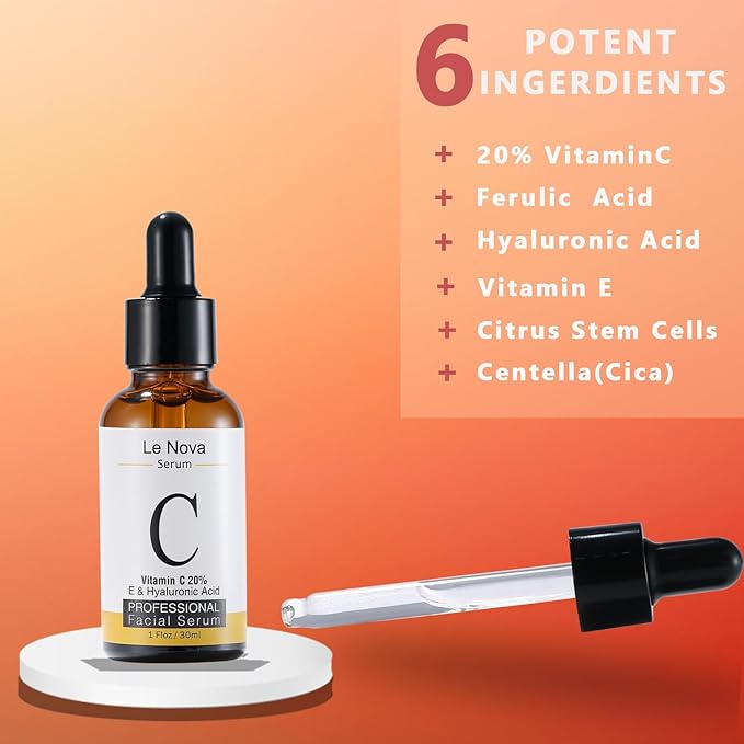 Le Nova Vitamin C Serum for Face – Brightening, Anti-Aging, Hydrating & Fragrance-Free – Lightweight Serum for Sensitive, Acne-Prone & Dry Skin – With Hyaluronic Acid, Aloe Vera & Vitamin E – 1 fl oz