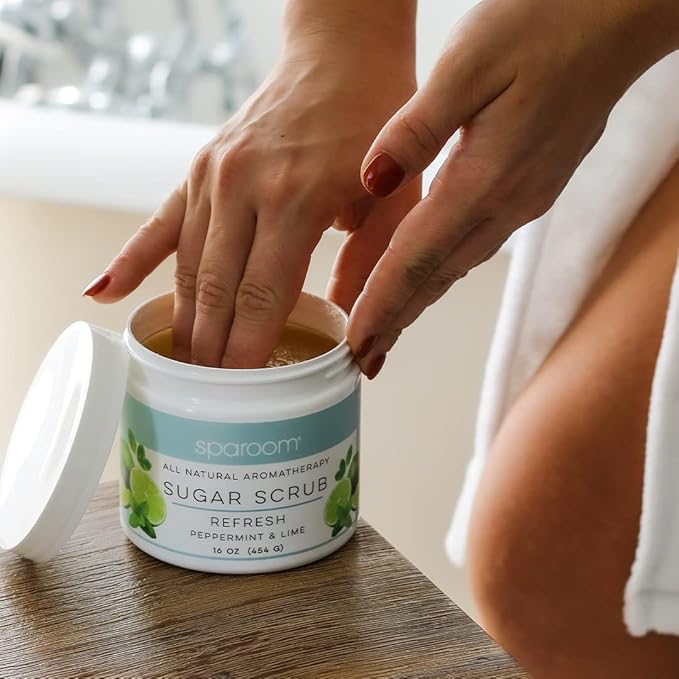 SpaRoom All Natural Aromatherapy Shea Butter and Raw Sugar Hydrating and Exfoliating Body Scrub, 16 oz, Refresh- Peppermint and Lime Essential Oils