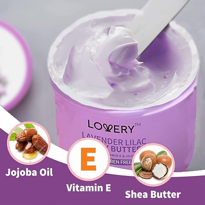 LOVERY Lavender Lilac Body Butter - Shea Cream with Jojoba Oil & Vitamin E - Hydrating Natural Moisturizer for Hands - 12 Fl Oz