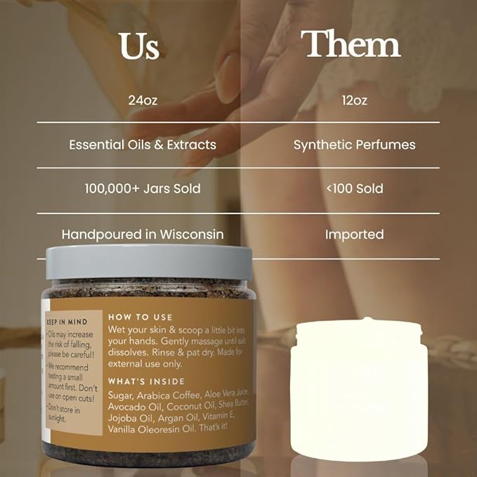 Bare Botanics Vanilla Hazelnut Coffee Body Scrub 24 oz - Naturally Scented Sea Salt Scrub Made in Madison, WI - Formulated w/Skin Loving Moisturizers - Vegan, Cruelty Free w/a Cute Wooden Spoon