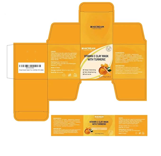 Hicream Turmeric Vitamin C Clay Mask with Kaolin Clay and Turmeric for Dark Spots, Dull Skin, Skincare Facial Mask for Controlling Oil and Refining Pores 5.29 Oz (yellow)