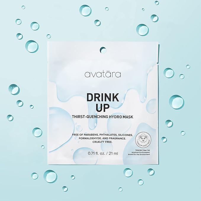 Avatara - Drink Up Facial Mask 15 Sheets, Hydrating Mask, Sheet Masks with Aloe Vera and Licorice Root, Face Mask Skincare Beauty Essential Made with Tencel Fibers, Paraben-Free, Dry Skin, 15 Pack