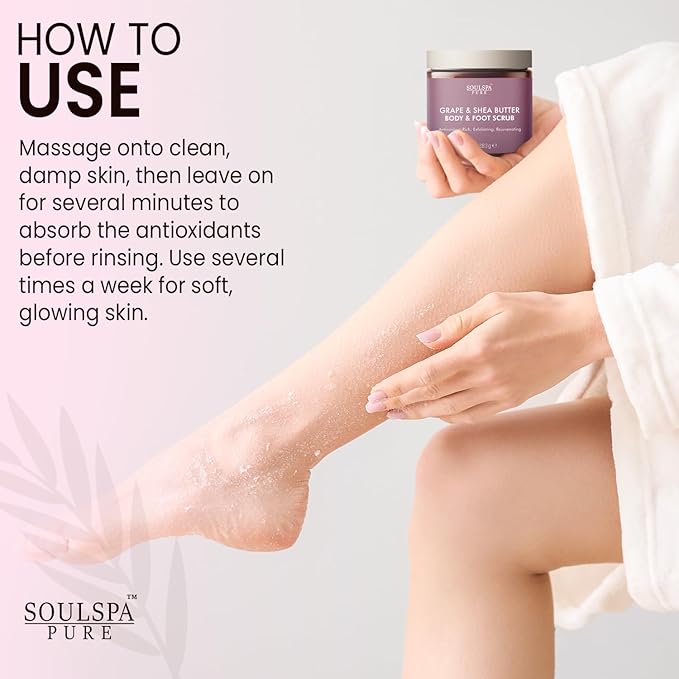 SOULSPA PURE Grape & Shea Butter Body & Foot Scrub - Rejuvenating & Antioxidant Rich Exfoliating Body Scrub for Glowing Skin, 10 oz