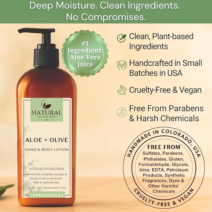 Natural Escapes Lemongrass Body Lotion & Hand Cream for Dry Skin, Firming Moisturizer for Crepey, Itchy & Sensitive Skin, with Coconut Oil, Olive Oil & Ceramides, 8 oz