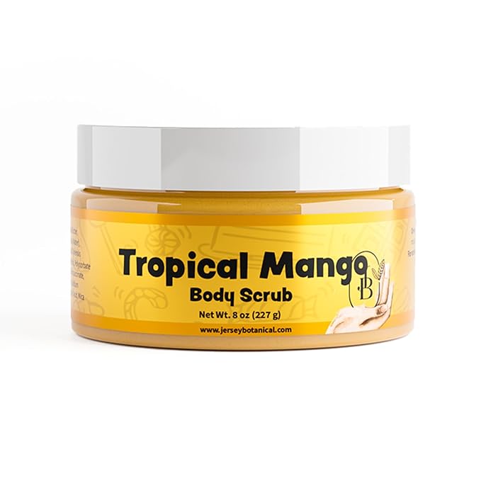 Jersey Botanical Baby Powder Shea Sugar Body Scrub – Exfoliating, Hydrating & Moisturizing Skin Care with Shea Butter, Smooth & Soften Skin, 8 oz (Tropical Mango)