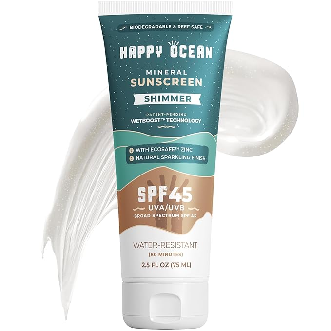 Happy Ocean Shimmer Sunscreen SPF 45, Mineral Body Glow with Glitter – Reef Safe Zinc Oxide, Radiant Finish, Face & Body