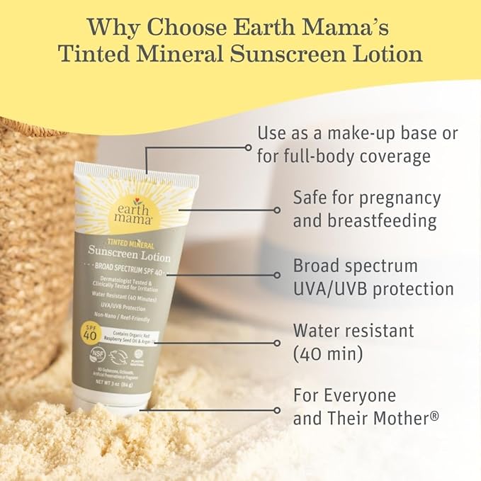 Earth Mama Tinted Mineral Sunscreen Lotion SPF 40, Contains Organic Argan and Red Raspberry Seed Oil, 3-Ounces, 2-Pack