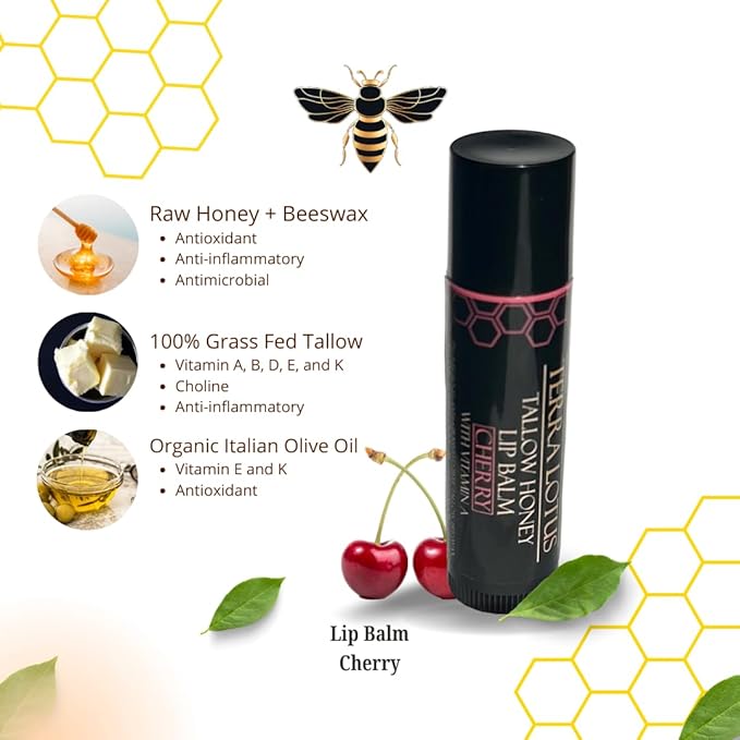 Organic Tallow Lip Balm (5 Pack) - Hydrating With Organic Italian Olive Oil, Pure Grass Fed Tallow, and Beeswax - Long Lasting Lip Therapy (5 Pack, Cherry)