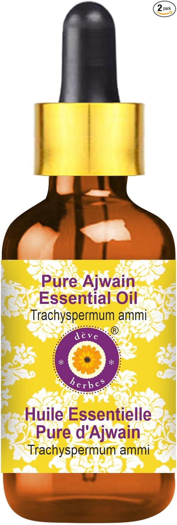 Deve Herbes Pure Ajwain Essential Oil (Trachyspermum ammi) with Glass Dropper Steam Distilled 10ml (0.33 oz)