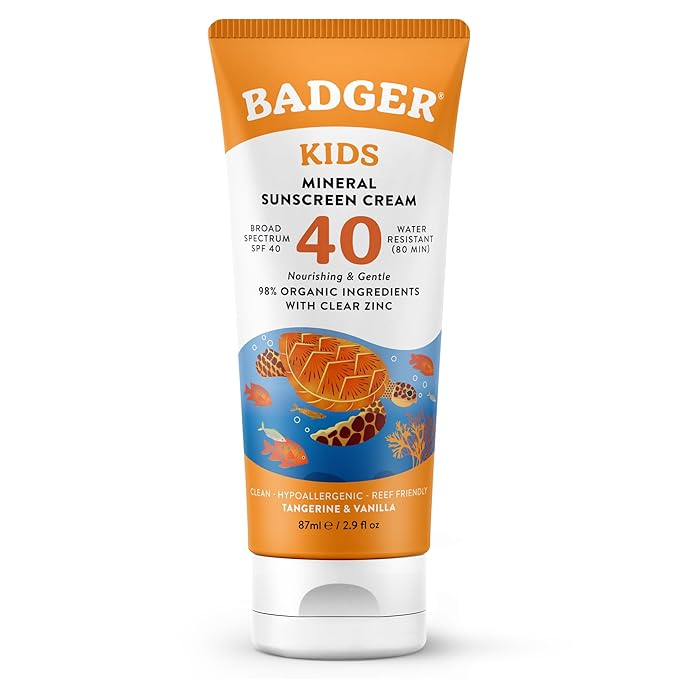 Badger Kids Mineral Sunscreen Cream SPF 40, 98% Organic Ingredients, Zinc Oxide Sunscreen for Kids Face & Body, Water Resistant, Reef Friendly, Hawaii Approved Broad Spectrum Sunblock, 2.9 fl oz