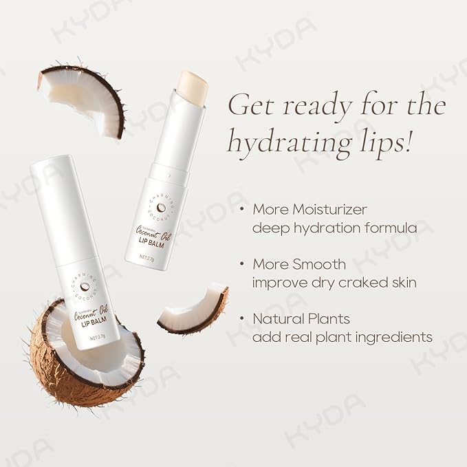 KYDA 3 Pcs Coconut Lip Balm, Deep Hydrating Lip Balm, Daily Lip Moisturizer for Dry Cracked Lips, All-Day Skin Moisturizer with Cocoa Butter Formula, Vegan Skin Care