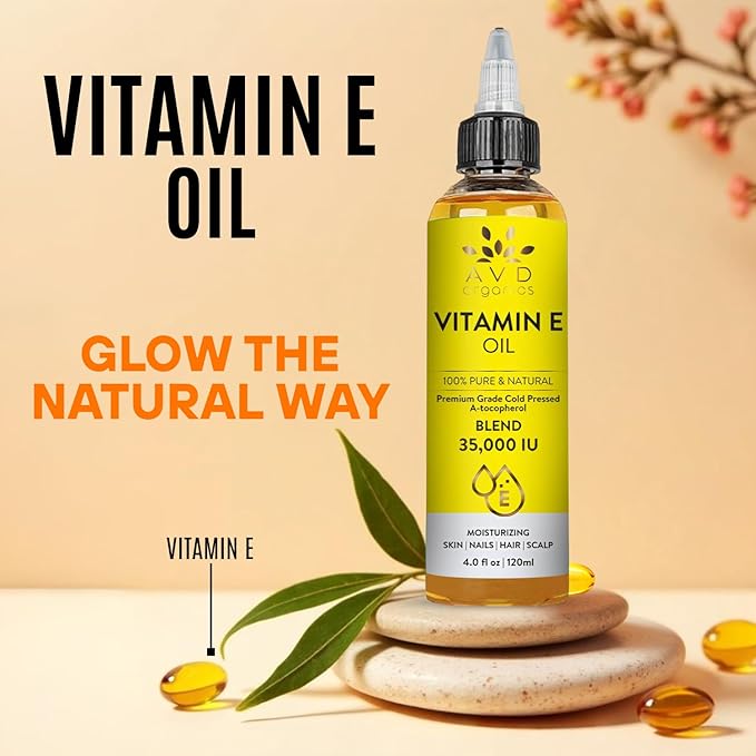 AVD ORGANICS Vitamin E Oil for Skin - 100% Pure & Natural, 35,000 IU | Premium Grade, Cold-Pressed and Tocopherol Vit E Oil to Repair Dry, Damaged Skin| Moisturizing, Hair and Scalp 4.05 Fl Oz