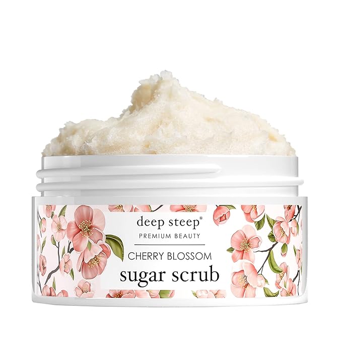 Deep Steep Sugar Scrub, Cherry Blossom, 8 oz – Exfoliating Body Scrub with Organic Coconut Oil, Shea Butter & Argan Oil – Vegan, Clean Beauty, Smooth, Soft & Nourished Skin