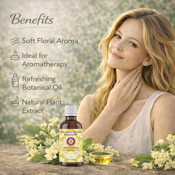 dève herbes Linden Essential Oil (Tilia vulgaris) with Glass Dropper | Pure | Non-Sticky | Non-Greasy | Lightweight | Men & Women | All Skin Types | Steam Distilled 15ml (0.5 oz)