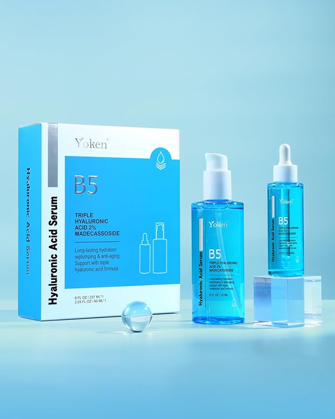 Yoken EWG Verified Hyaluronic Acid Serum for Face 8 + 2 fl oz, Vitamin B5 & Triple Pure Hyaluronic Acid 2%, hydrating Facial Serum for refined texture Hydrating Serum Plump Dry Skin Fragrance-Free