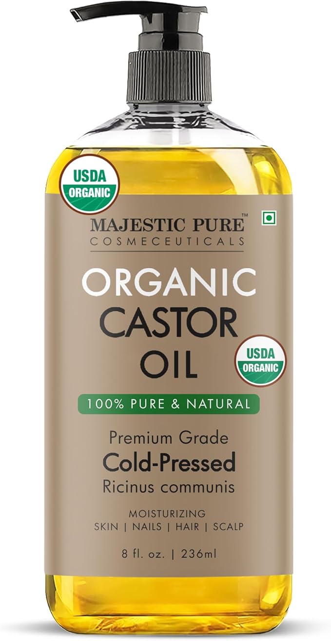 Majestic Pure USDA Organic Castor Oil 8 Fl Oz - 100% Pure and Natural- Cold Pressed & Hexane Free Natural Hair Growth Oil for Eyelashes, Eyebrows, Skin, Body, Face, Nails & Scalp