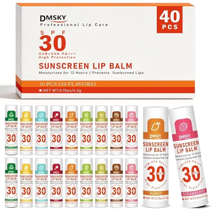 DMSKY SPF 30 Sunscreen Lip Balm 40 Pack, Broad Spectrum UVA/UVB Sun Protection Lip Care with Vitamin E and Beeswax, SPF Lip Balm Travel Size-10 Flavors