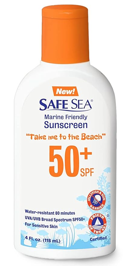 Safe Sea Jellyfish Sting-Blocking Sunscreen, SPF 50+ Lotion 4oz, Waterproof, Biodegradable, Coral Reef-Safe – Body and Face Sunscreen, Anti-Jellyfish and Sea-Lice sting protection.