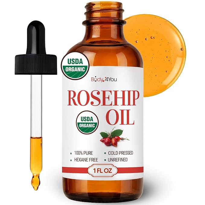 BodyJ4You Rosehip Oil for Face - 100% Pure Natural USDA Organic Cold Pressed - Hydrating Skin Hair Nails Anti-Aging Wrinkle Scar Treatment Gua Sha - Non-GMO Undiluted Carrier - Glass Bottle 1 Fl Oz