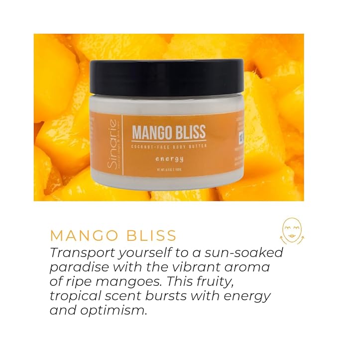Sinarie Coconut-Free Body Butter | Luxurious Hydration with Shorea Butter, Evening Primrose Oil, Argan & Moringa Oil | Non-Greasy, Natural Ingredients | For Sensitive Skin (5.3 oz., Mango Bliss)