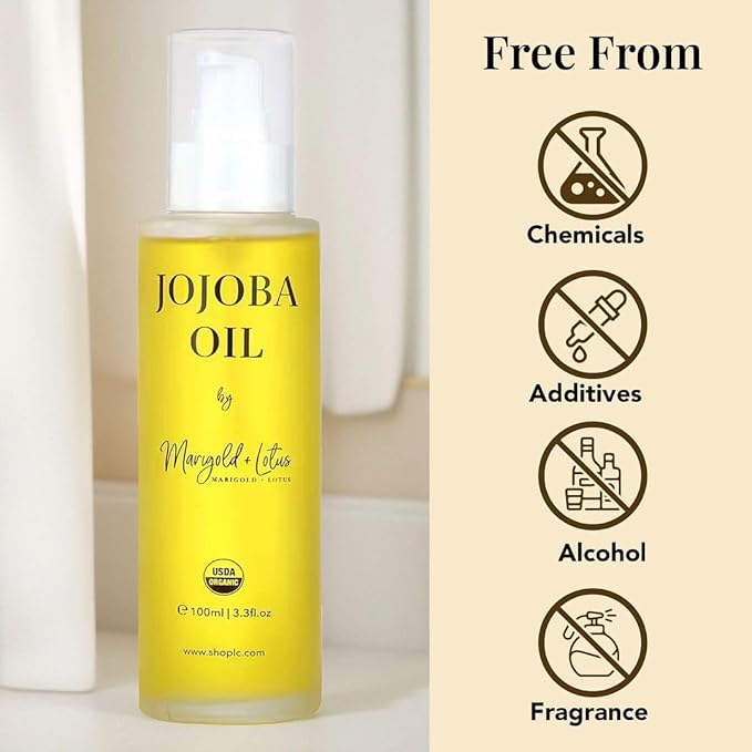 Jojoba Oil Organic Cold Pressed 3.3 oz-USDA Certified 100% Pure Organic for Hair Face Body Skin Natural Moisturizer Hexane-Free Reduce Stretch Marks Vitamin E Carrier Oils Christmas Gifts