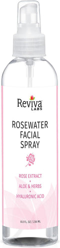 Reviva Labs Rosewater Facial Spray with Soothing Aloe, Herbs & Hyaluronic Acid - Hydrating Rose Water Spray for Face Agua de Rosas para La Cara - Face Mist Toner for All Skin Types, 8 Fl Oz