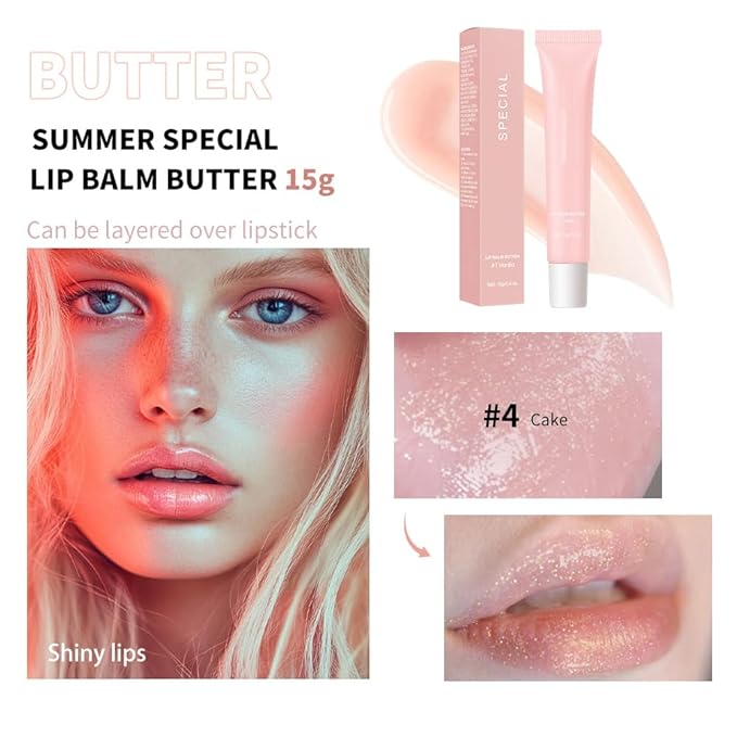 Shimmer Lip Butter Balm, High Shiny Finish Lip Glow Oil Lip Gloss, Jelly Yummy Tint Lip Stain Balm, Long Lasting Hydrating Non-Sticky Ultra-Nourishing Fat Lip Care Oil for Women, #4 Cake