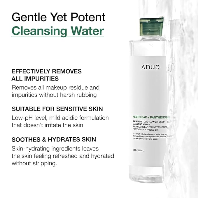 ANUA Heartleaf Low pH Deep Cleansing Water, Micella Water, Panthenol, Squalane, Makeup Remover for Sensitive Skin, Korean Skin Care (500g, 17.63 oz.) (Pack of 2)
