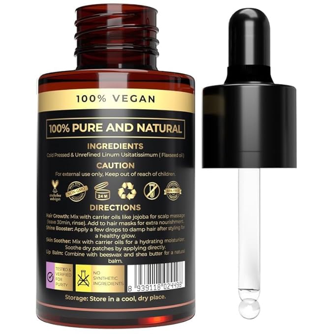 100% Plant Based Organic Flaxseed Oil for Hair and Skin Care - Aceite de Lino - Non-Greasy, Fast Absorbing Cold Pressed Flax Seed Oil (Linseed) for Aromatherapy and Massage | Natural Moisturizer