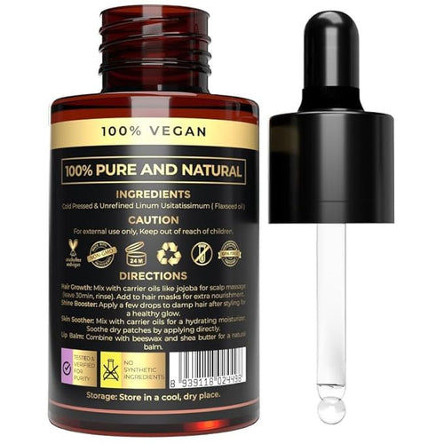 100% Plant Based Organic Flaxseed Oil for Hair and Skin Care - Aceite de Lino - Non-Greasy, Fast Absorbing Cold Pressed Flax Seed Oil (Linseed) for Aromatherapy and Massage | Natural Moisturizer