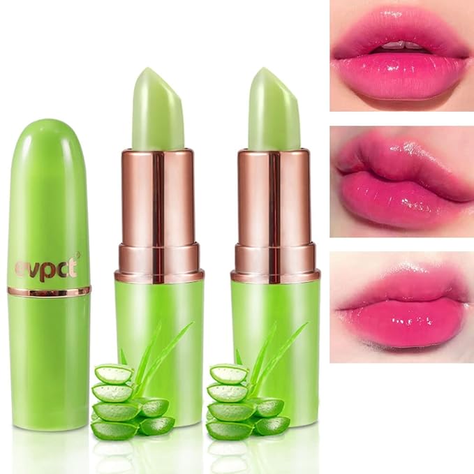 EVPCT 2Pcs Aloe Vera Lip Color Changing Lip Balm Set - Green Magic PH Lipstick Tinted Lip Balm Gloss Stain Makeup Set for Women Girls - Waterproof