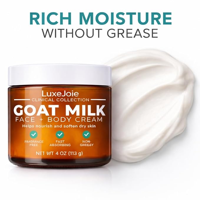 LuxeJoie Goat Milk Face Cream – Fragrance Free Moisturizer for Dry & Sensitive Skin – Fast Absorbing Non Greasy Hydration – Gentle Goat Milk Face & Body Lotion with Shea Butter – 4 oz