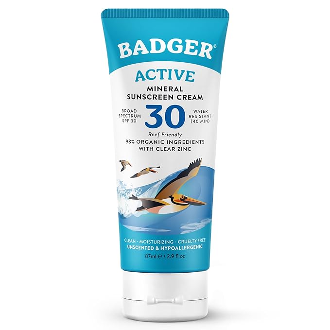 Badger Mineral Sunscreen Cream SPF 30, Zinc Oxide Sun Care, 98% Organic, Reef Safe, Water Resistant, Unscented Face and Body Sunscreen Travel Size, 2.9 fl oz