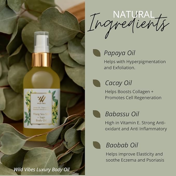 Wild Vibes Ylang Sea Salt + Sage Body & Massage Oil - Hydrating Jojoba, Papaya Seed Oil, Vitamin E, Lupine Seed Extract for Collagen production – Nourishing Oil for all skin types 4oz
